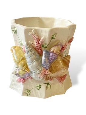 Coastal Ceramic Shell Coral Candle Holder Cup Nautical Seaside Ocean Decor 3.5"
